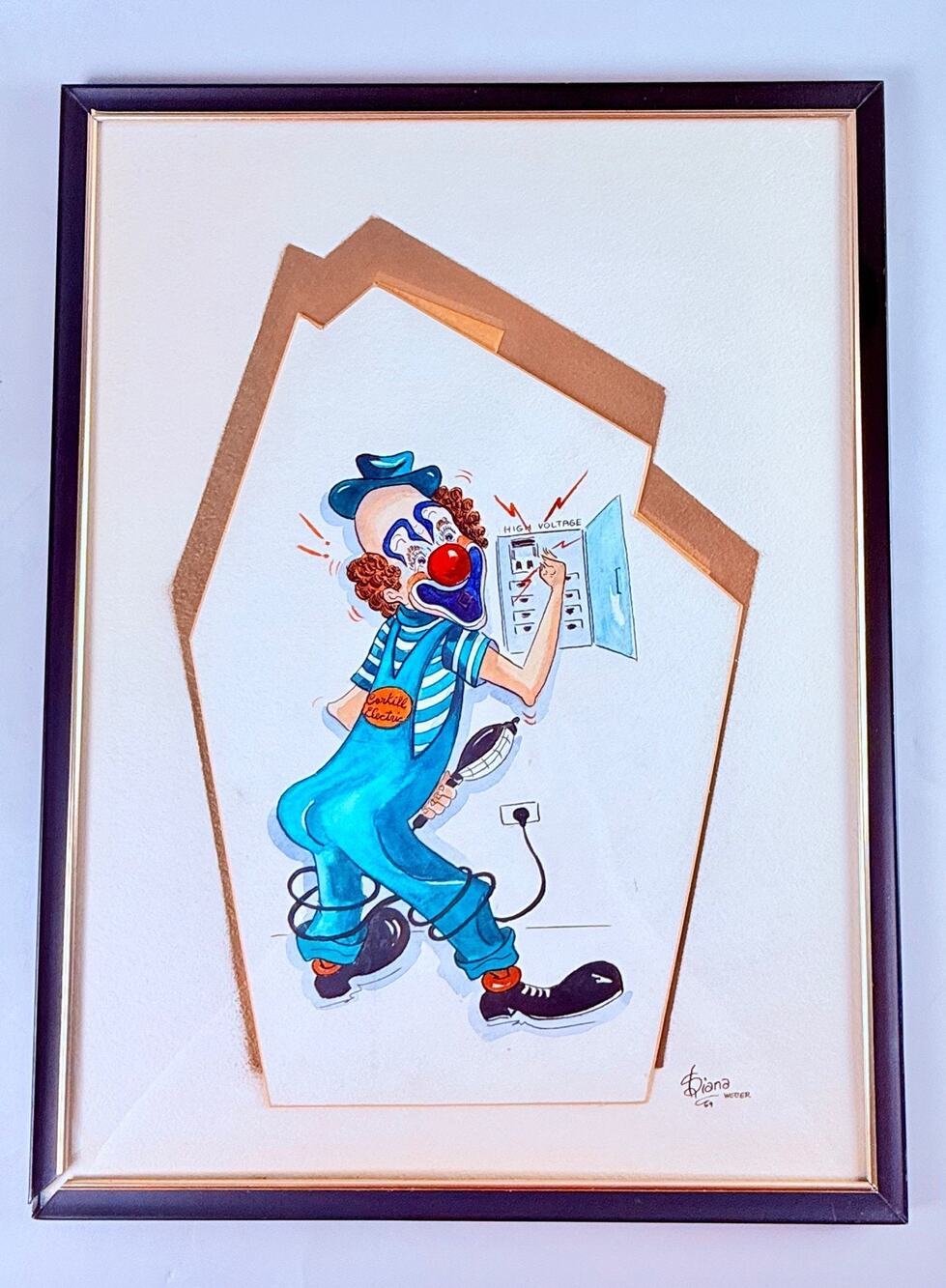 Vintage Original Framed Art Watercolor Clown Electrician 1969 Signed Diana Weber